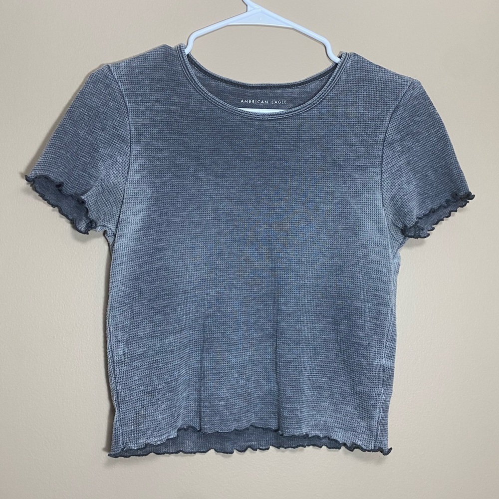 American Eagle Short Sleeve Ruffle Crop Top Heathered Gray Size Medium